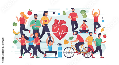 Healthy Lifestyle: Diverse People Exercising, Eating Healthy Food, and Heart Health