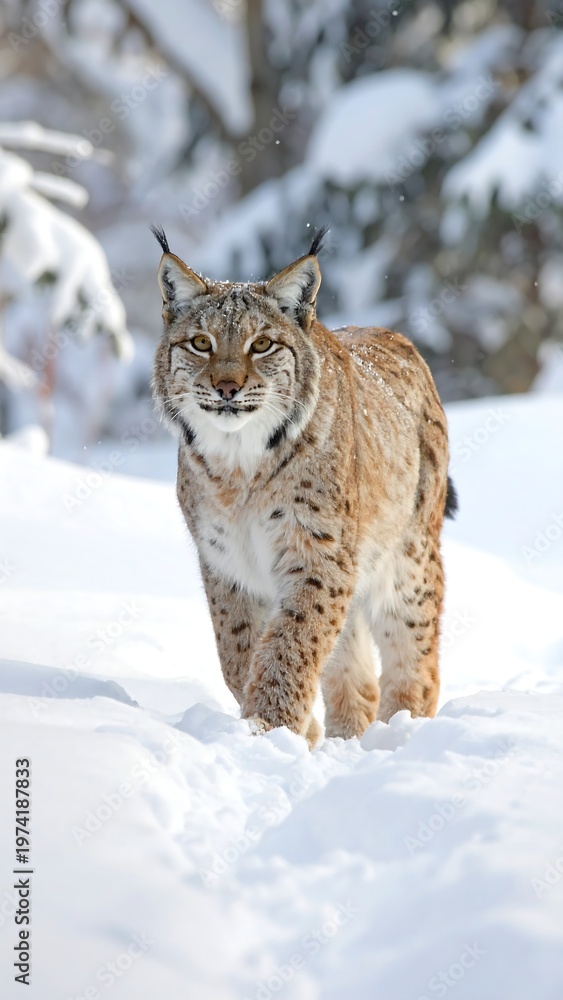Fototapeta premium A large feline walks through snow with trees in background