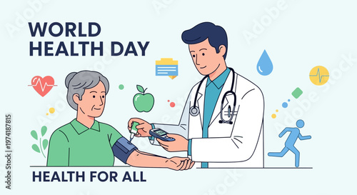 World Health Day: Doctor checks elderly woman's blood pressure, promoting health for all.