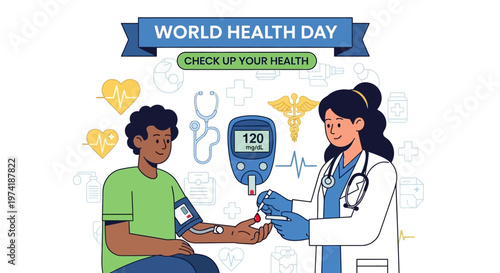 World Health Day: Doctor checks patient's blood sugar for health checkup, diabetes test