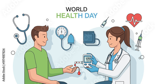 World Health Day: Doctor checks patient's blood sugar with glucometer, medical checkup concept