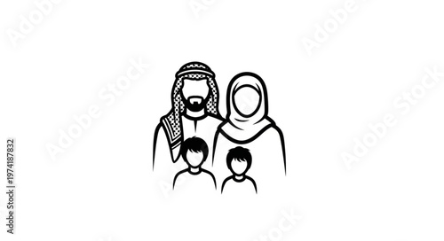 Family portrait of a Middle Eastern family, simple line art.