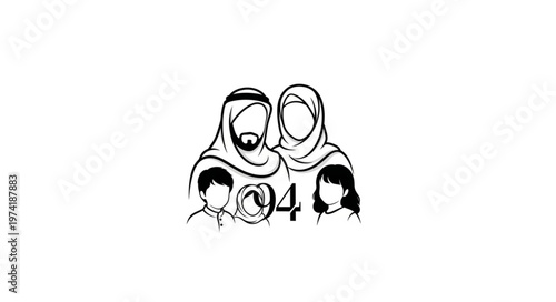 Family portrait of a Muslim family with children in traditional attire.