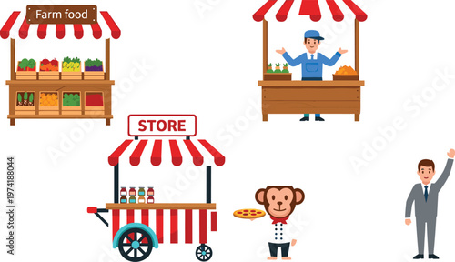 Farm Food Market Stalls and Street Store Cartoon Set with Vendor Stand Food Cart Seller Character and Shop Kiosk Vector Illustration