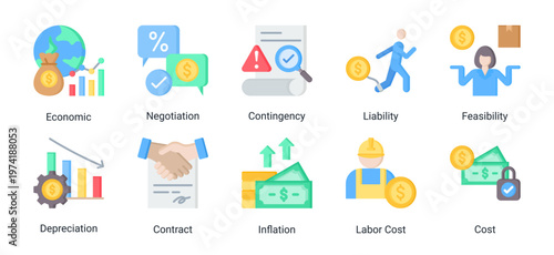 Risk and economics icon set icons including liability,inflation,contract,and feasibility.Suitable for finance,business,and analysis design.