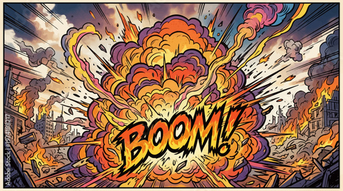Massive comic book style explosion engulfing a cityscape with a bold 'BOOM!' sound effect