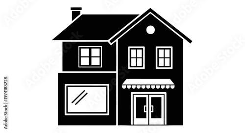 Simple black house with awning.