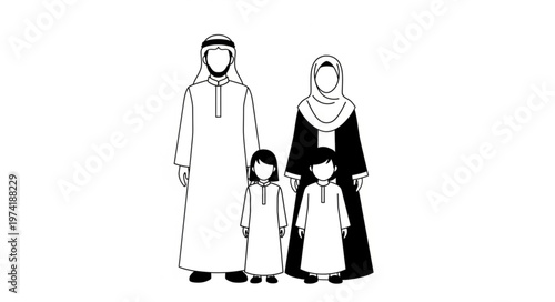 Family in traditional Arab attire standing together in unity.
