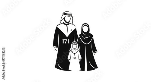 Family in traditional attire, standing together, black and white image.