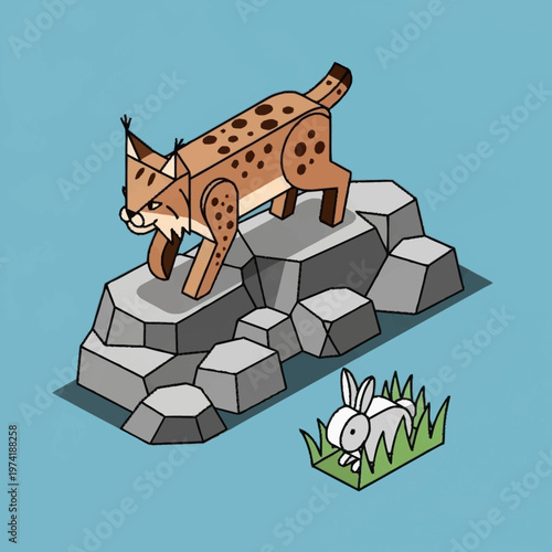 A cartoon illustration of a wild cat stalking a rabbit.