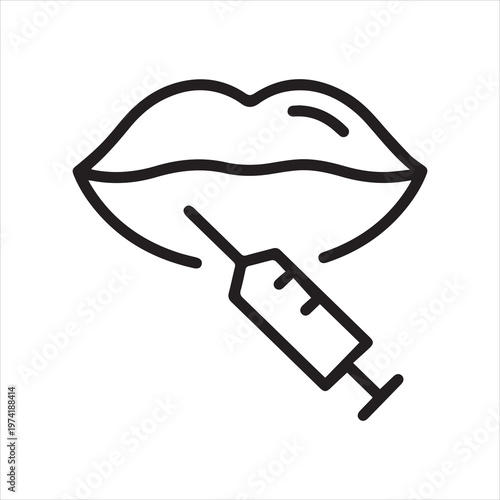 Syringe injecting lips, linear icon. Lip filler and cosmetic procedure. Line with editable stroke.