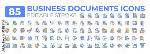 Business documents colorful icons big set. Corporate paperwork organization. Financial reporting and management iconset color linear symbols. Vector isolated flat illustrations. Editable stroke