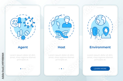 Epidemiologic triangle blue onboarding mobile app screen. Walkthrough 3 steps editable graphic instructions with linear concepts. UI, UX, GUI. Montserrat SemiBold, Regular fonts used