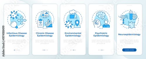Epidemiology classifications blue onboarding mobile app screen. Walkthrough 5 steps editable graphic instructions with linear concepts. UI, UX, GUI. Montserrat SemiBold, Regular fonts used