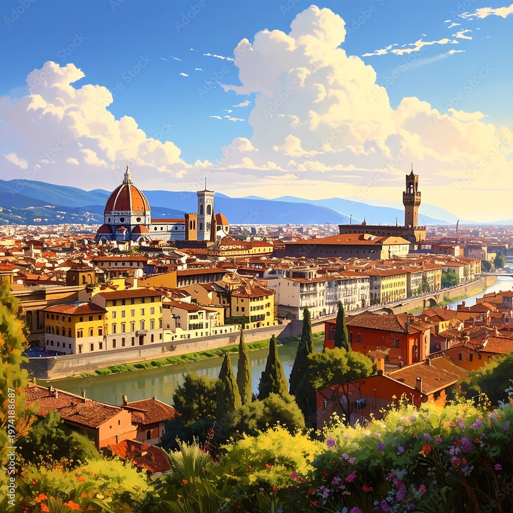 Obraz premium A vibrant cityscape with terracotta roofs and a large cathedral