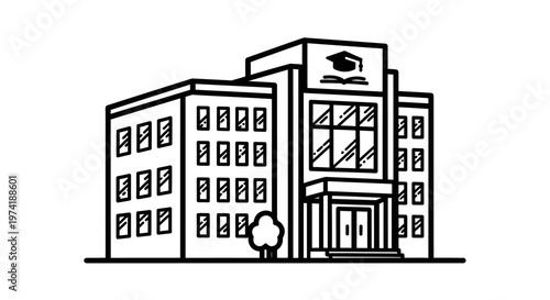 University building with graduation cap.