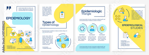 Types of epidemiology blue and yellow brochure layout. Patient examination, disease study. Leaflet advertising design with color line icons. Editable 4 pages. Questrial, Lato-Regular fonts used