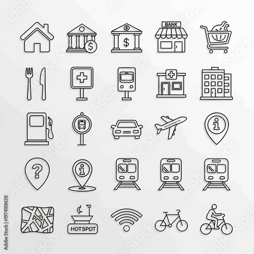 Various icons of travel and transportation.