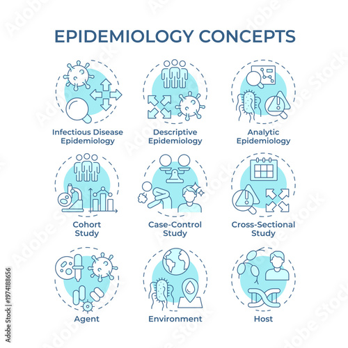 Epidemiology soft blue concept icons. Infectious diseases, medical research. Statistical analysis. Icon pack. Vector images. Round shape illustrations for presentation, booklet. Abstract idea