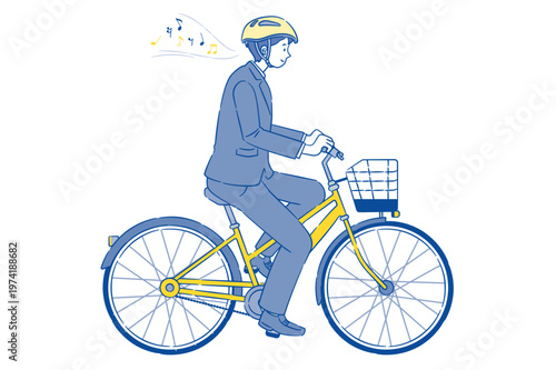 自転車に乗りながら音楽を聴いている男子高校生 2C