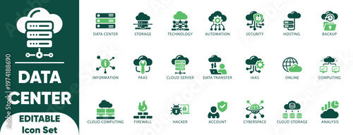 Data center icon set. hosting, infrastructure, backup, cloud storage, server rack, virtualization, database, and solid icons.