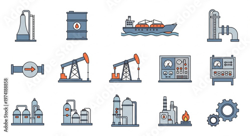 Oil and Gas Industry Icons - Refinery, Barrel, Ship, and Equipment.