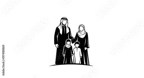 Family portrait in traditional attire, standing together, monochrome illustration.