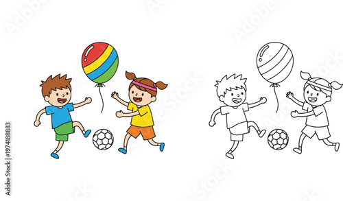 Cute boy and girl playing soccer with a balloon, vector cartoon illustration. Includes flat color and black outline versions, perfect for children's coloring book page.