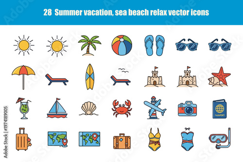 Summer vacation vector icons featuring a variety of beach and relaxation symbols and elements. The illustrations are bright and colorful, perfect for representing summer activities