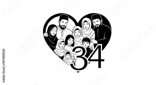 Family portrait inside heart shape with number thirty-four.