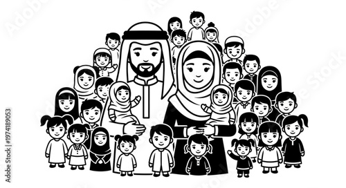 Family portrait of a large Muslim family, happy and united.