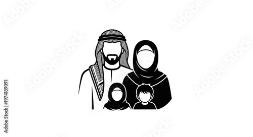 Family portrait of a Middle Eastern family in traditional attire.