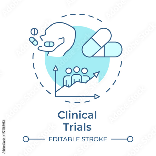 Clinical trials soft blue concept icon. Medical research, human volunteers. Treatment analysis. Round shape line illustration. Abstract idea. Graphic design. Easy to use in presentation, booklet