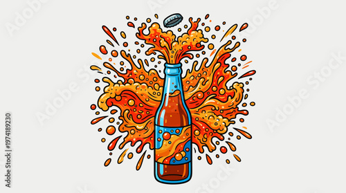 Exploding bottle with orange liquid spray and bubbles, creating a dynamic and refreshing visual