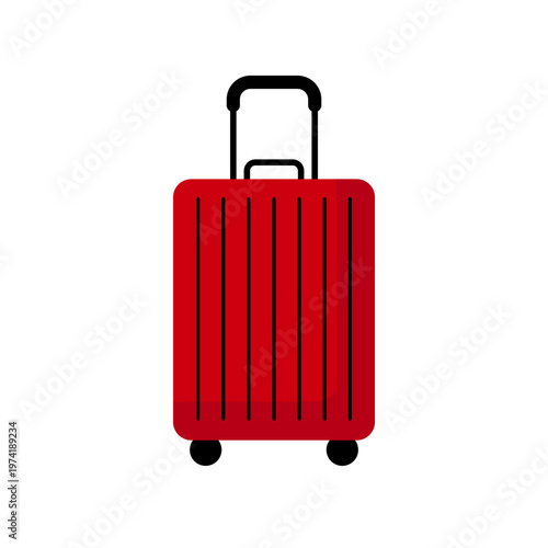 Red Travel Suitcase Icon with Wheels and Telescopic Handle. Vector Flat Illustration of Luggage Baggage for Summer Vacation, Business Trip, Airport Check-in and Journey Planning Concept. Vector EPS 10