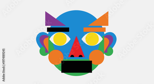 Vibrant abstract face illustration crafted from a playful mix of geometric shapes and bold, cheerful colors, embodying modern artistic expression