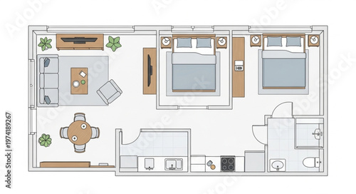 Detailed Floor Plan Illustration of a Two-Bedroom Apartment Layout.