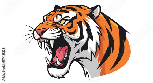 Dynamic vector illustration of a roaring tiger head, radiating power and ferocity, ideal for strong branding, sports teams, or impactful graphic designs