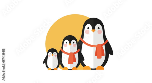 Charming flat design of a penguin family, an adult with two cute chicks, all wearing red scarves against a sunny yellow circular background, perfect for winter themes and familial bonds