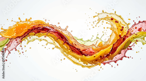 Vibrant splashes of assorted fruit juices creating a dynamic, colorful wave against a clean white background, perfect for beverage advertising