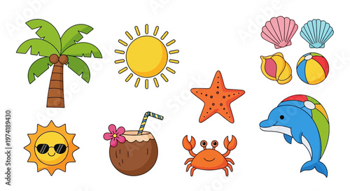 Set of Summer Tropical Elements: Palm Tree, Sun, Dolphin, and Coconut - Beach Vacation Vector Illustration Icons.