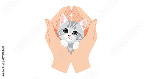 Gentle hands lovingly cradling an adorable grey tabby kitten, symbolizing pet adoption, care, protection, and the precious bond of animal companionship