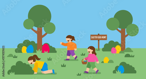 A group of happy children embarks on an exciting outdoor Easter egg hunt adventure, exploring a beautiful meadow filled with hidden colorful surprises
