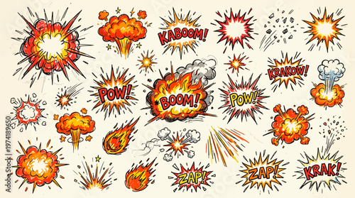 Dynamic Vector Collection Comic Book Style Explosions, Blasts, and Power Effects for Action-Packed Graphic Designs and Visual Storytelling
