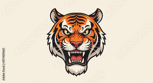 Dynamic roaring tiger head illustration, symbolizing raw power and untamed ferocity, an impactful graphic for sports mascots, emblems, or bold brand identity designs