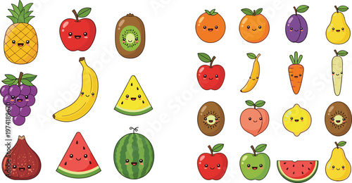 Cute Kawaii Fruits and Vegetables Cartoon Set with Pineapple Apple Banana Watermelon Kiwi Lemon Carrot and Plum Vector Illustration