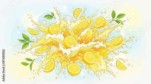 Vibrant burst of refreshing lemon juice splash with fresh citrus slices and green leaves, symbolizing a zestful and energizing summer drink experience