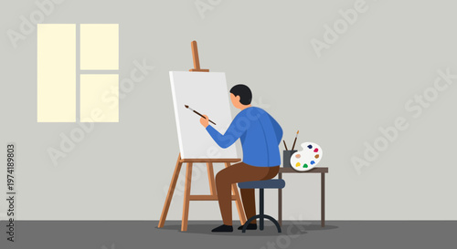 Artist skillfully paints on canvas at an easel, bringing imagination to life with brush and palette, enjoying creative flow and personal expression of a cherished artistic hobby