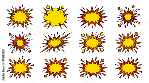 Collection of comic book style explosion and pop art speech bubble graphics for graphic design and illustration projects