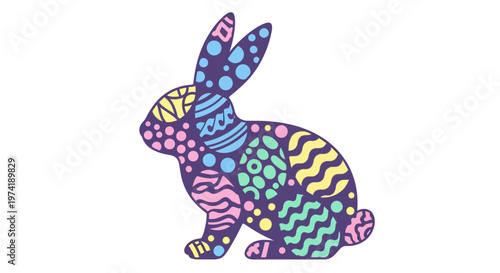 Vibrantly patterned rabbit illustration, adorned with diverse colorful abstract designs, capturing a festive and playful spirit for spring celebrations and holiday themes